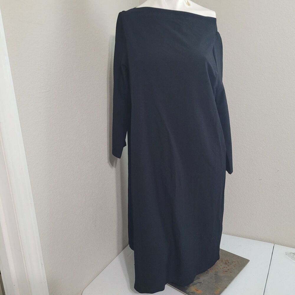 New Eileen Fisher Medium Dress Bateau boat neck crepe stretch longsleeve texture